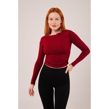 Meleners Yaka Detay Uzun Kollu Basic Bordo Bluz