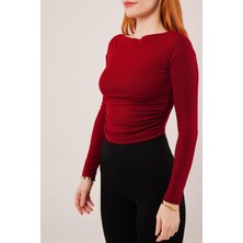 Meleners Yaka Detay Uzun Kollu Basic Bordo Bluz