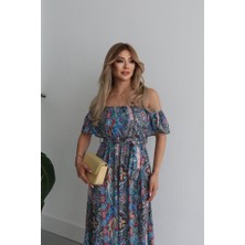 Meleners Kadın Kısa Kollu Madonna Yaka Fırfırlı Belden Yırtmaçlı Maksi Süprem Elbise