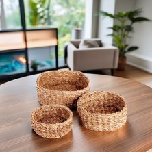 3'lü Rustik El Yapımı Doğal Yuvarlak Hasır Düzenleyici Seti | 3'lü Hasır Yuvarlak Organizer Seti - Dekoratif, Çok Amaçlı ve Dayanıklı Rattan Sepetler (30X30X12CM - 25X25X10CM - 20X20X8CM)