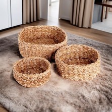 3'lü Rustik El Yapımı Doğal Yuvarlak Hasır Düzenleyici Seti | 3'lü Hasır Yuvarlak Organizer Seti - Dekoratif, Çok Amaçlı ve Dayanıklı Rattan Sepetler (30X30X12CM - 25X25X10CM - 20X20X8CM)