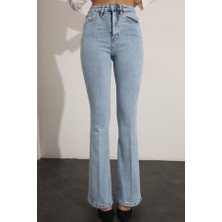 Kadın Kar Mavi Ispanyol Paça Kot Pantolon Flare Jeans ( Yüksek Bel )