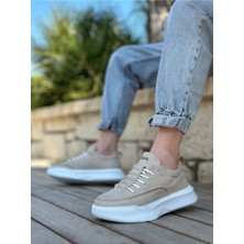 Merdiven Desen Bağcıklı Erkek Yüksek Taban Krem Süet Spor Ayakkabı