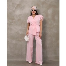 Premium Keten Kumaş Pembe T Kol Bağlamalı Yelek Pantolon Takım