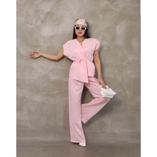 Premium Keten Kumaş Pembe T Kol Bağlamalı Yelek Pantolon Takım