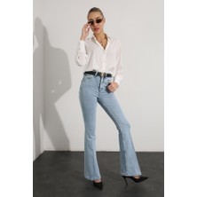 Kadın Kar Mavi Ispanyol Paça Kot Pantolon Flare Jeans ( Yüksek Bel )