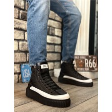 BA0811 Boa Yüksek Taban Siyah Paraşüt Kumaş Beyaz Cilt Detaylı Yarım Bilek Spor Bot