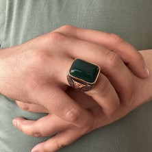 925 Ayar Gümüş Yeşil Akik Taşlı Erkek Yüzük