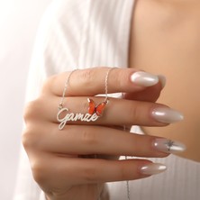 Hom Silver Jewelry 925 Ayar Gümüş Kişiye Özel Isimli Turuncu Kelebek Tasarımlı Kadın Kolye