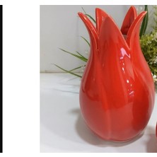 Lale Kırmızı Vazo Seramik Büyük Boy 14X8CM Şık Tarz Parlak Hediyelik Dekoratif Çiçeklik 1 Adet