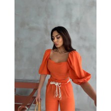 Keten Crop Karpuz Kol Bluz-Pantolon Hasır Kemerli - Orange