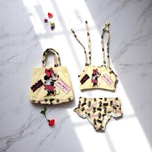Milays Kız Çocuk  Karakter Baskılı Eteği Fırfırlı- Ip Bağlamalı Çanta Mayo Bikini 3 Lü Takım