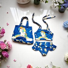 Milays Kız Çocuk  Karakter Baskılı Eteği Fırfırlı- Ip Bağlamalı Çanta Mayo Bikini 3 Lü Takım