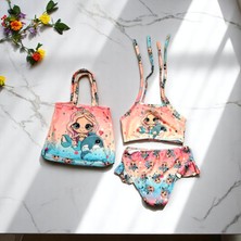 Milays Kız Çocuk  Karakter Baskılı Eteği Fırfırlı- Ip Bağlamalı Çanta Mayo Bikini 3 Lü Takım