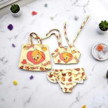 Milays Kız Çocuk  Karakter Baskılı Eteği Fırfırlı- Ip Bağlamalı Çanta Mayo Bikini 3 Lü Takım