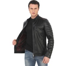 Hakiki Kuzu Derisi Ceket Siyah Biker Mont Kapitone Kollu Slim Fit El Yapımı Derimont