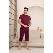 Guava Erkek Bisiklet Yaka 3 Düğmeli Ekose Desen Modal Kısa Kol Cepli Kapri Pijama Takımı