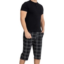 Bie's Erkek Bisiklet Yaka 3 Düğmeli Ekose Desen Modal Kısa Kol Cepli Kapri Pijama Takımı