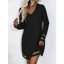 Nostaljix Kadın Uzun Kollu V Yakalı Şeritli Tül Detaylı Ithal Krep Elbise