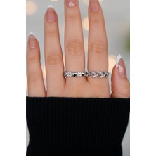 Sıra Taşlı Ayarlanabilir 2'li Kalp ve Taç Zarif Gümüş Kadın Yüzük