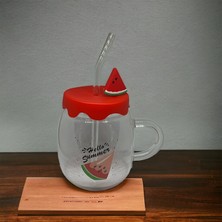 Karpuz Tasarımlı  Cam Kupa Bardak - 450 ml - Silikon Kapaklı - Pipetli