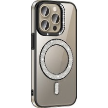 Başkenttekno Apple iPhone 15 Pro Kılıf Pırlanta Taş Tasarımlı Kablosuz Şarj Özellikli Karetta Silikon Kapak