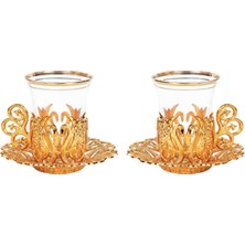 Yaren Style İkili Osmanlı Lale Dekorlu Gold Kuplu Çay Bardağı, Çay Kaşığı & Tepsili