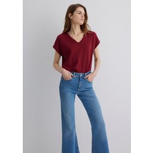Mavi V Yaka Bordo Basic Tişört 1612380-70430