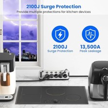 Bağımsız Anahtarlı 5'li Işıklı Akım Korumalı Çoklu Priz 4000W, 2x USB - 2x Type-C Giriş, Metal Ön Panel Uzatma Kablosu Köşe Beşli Priz, Topraklı, 2 Metre Kablo