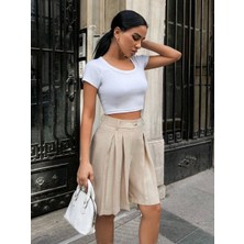 Pileli Keten Şort S24291