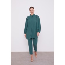 Lêvi D'or Koyu Yeşil Omuz Fırfır Taş İşleme Detaylı İkiili Takım