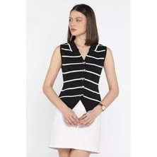 Kadın Fiyonk Düğmeli Çizgi Desenli Triko Yelek P-00016244