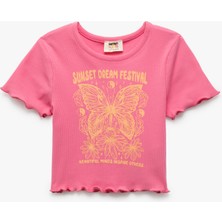 Koton Pamuklu Kısa Kollu Bisiklet Yaka Kelebek Baskılı Crop Tişört