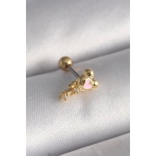 316L Çelik Gold Renk Zirkon Taş Detay Pembe Kalp Işleme Tragus Piercing