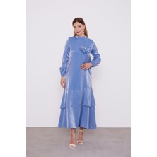 Indigo Gül Yaka Detaylı Fırfırlı Elbise