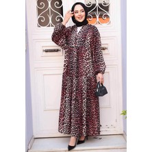 Leopar Desenli Bordo Tesettür Elbise 52942BR