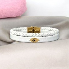 Archin 14 Ayar Altın Plakalı Oval Motifli Özgün Derili Kadınlara Harfe Özel Bileklik-380Harf-BEYAZ