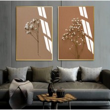 Harikabirev Bej Renk Çiçek Kombini 04 |Çerçeveli Cam Tablo  2'li Dikey