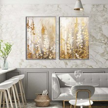 Harikabirev Soft Gold-Beyaz Yaprak Desenli Kombin 01 |Temperli Çerçeveli Cam Tablo  2'li Dikey