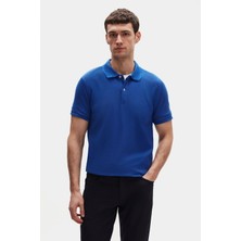 Regular Fit Saks Mavi Pike Dokulu %100 Pamuk Kıvrılmaz Polo Yaka Nakışlı T-shirt 4HC14ORT51000