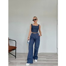 Kadın Denim Kare Yaka Bluz Mavi