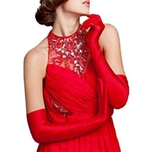 Kırmızı Saten Gece Eldiveni