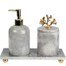 Dekoratif Doğal Gri Mermer Banyo Seti Gold Mercan Detaylı 3lü Banyo Takımı