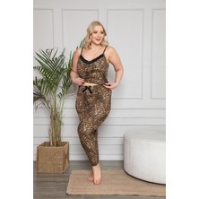 Büyük Beden Leopar Desenli Dantel Detaylı Şortlu ve Taytlı Pijama Takımı 3'lü Set 80013