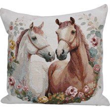Belıeve Two Horse Jakarlı Dokuma Goblen Dekoratif At Sevgisi  Kırlent 45*45