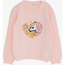 Breeze Kız Çocuk Triko Kazak Pullu Unicorn Baskılı 1.5-5 Yaş, Pudra
