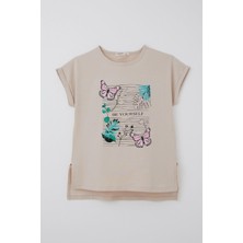 Breeze Kız Çocuk Tişört Kelebek & Çiçek Baskılı 10-16 Yaş, Bej