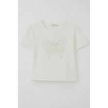 Breeze  Kız Çocuk Tişört Kelebek Armalı Inci & Pul Detaylı 9-14 Yaş, Ekru