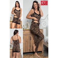 Kadın Leopar Desenli Dantel Detaylı Şortlu ve Taytlı Pijama Takımı 3'lü Set 75000