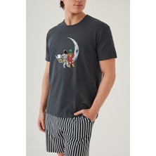 Erkek Pamuklu Füme Baskılı Cepli Şort Pijama Takımı